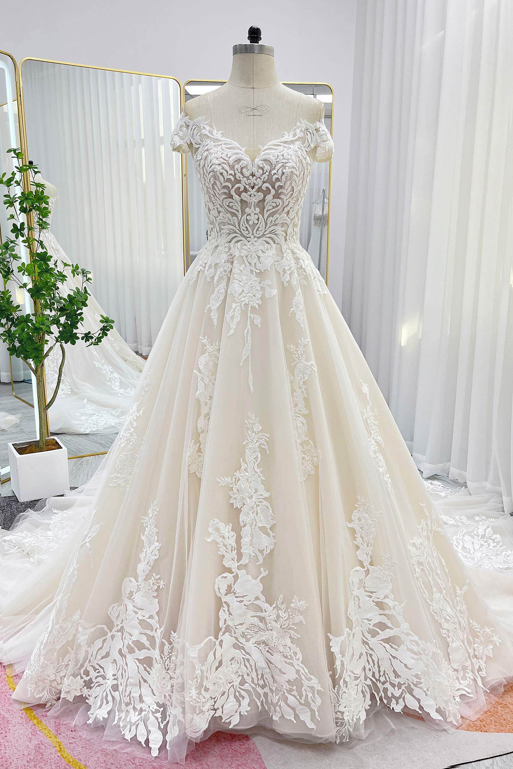 Ball Gown Chapel Train Lace Tulle Wedding Dress CW3261 - COCOMELODY